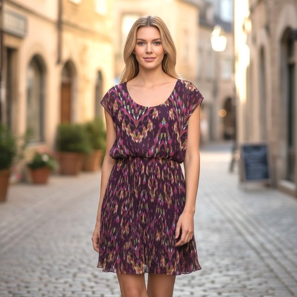 Jessica‎ Simpson Hemingway Ikat Pleated Mini Dress Womens L Boho Chevron Purple